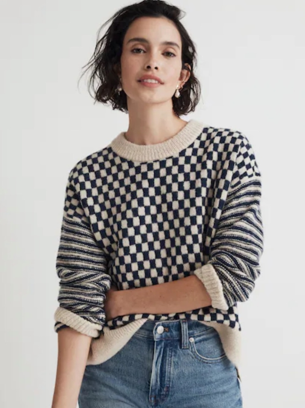 Madewell Navy and Cream Checked Stripe Crewneck Sweater Small